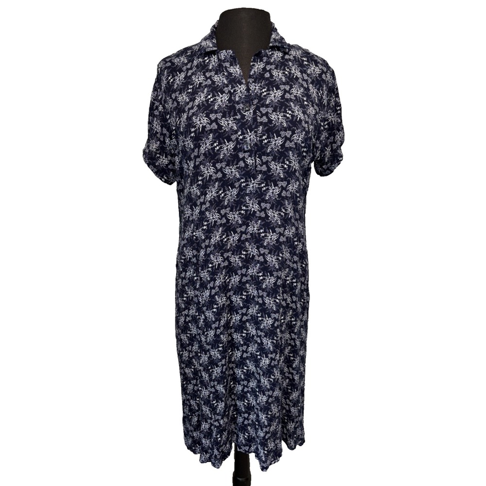 ERIKA Floral Midi Dress Size Medium Navy Blue Collard Short Sleeve Cottage Core